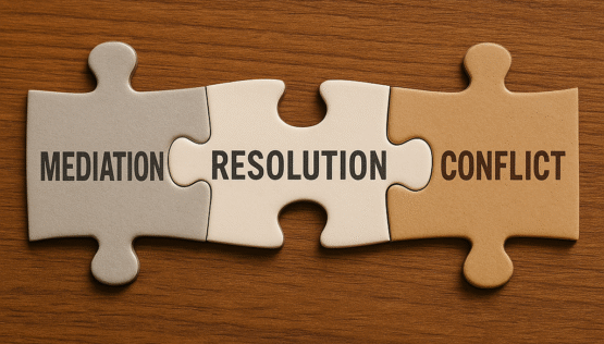 NonLitCivilResolution Three puzzle pieces. One titled Mediation, one Resolution, and one Conflict.