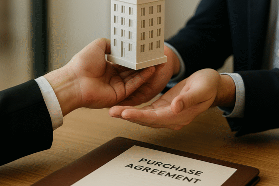 Two people with their hands in a supportive position, one with a model of a building in it, looking like they're passing it to another. A document underneath them says 