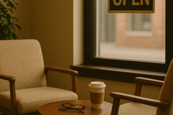 Two chairs facing each other with a coffee table between them. On the table is a cup of coffee and a pair of glasses.